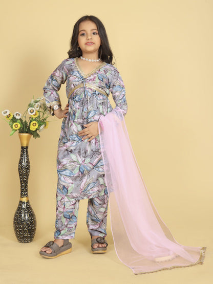 Festive Floral Kurti Pant Set with Pink Dupatta